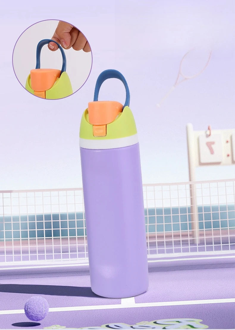 A purple stainless steel insulated fitness cup with an orange lid and straw is shown in an outdoor sports context.
