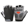 A pair of black and gray breathable anti-slip gym workout gloves shown against a white background.