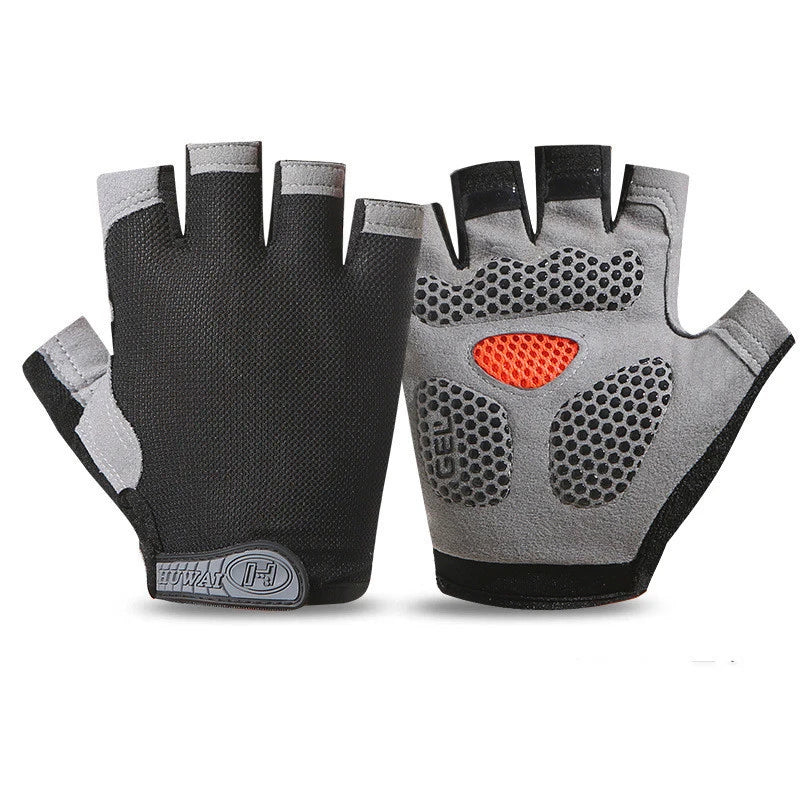 A pair of black and gray breathable anti-slip gym workout gloves shown against a white background.