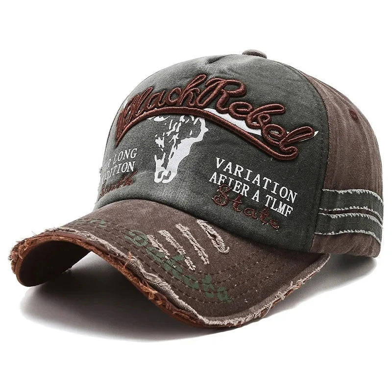 Vintage Washed Cotton Baseball Cap with Embroidered Cow Head
