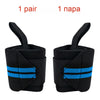 A pair of black heavy duty wrist wraps with blue stripes shown from the side.