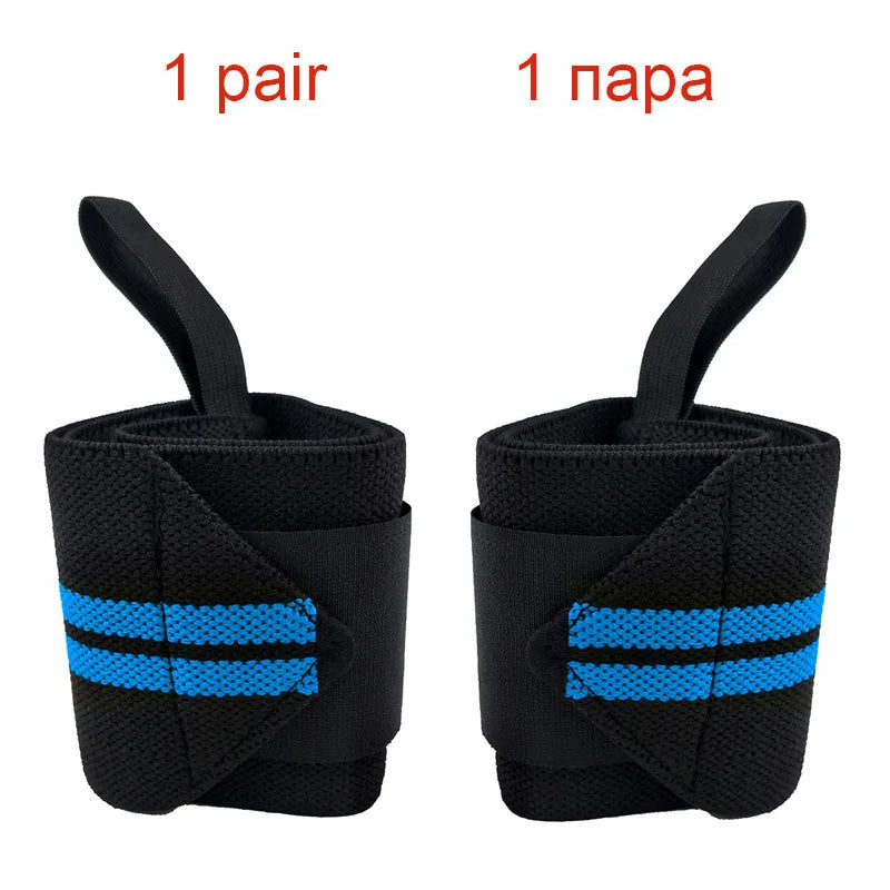 A pair of black heavy duty wrist wraps with blue stripes shown from the side.