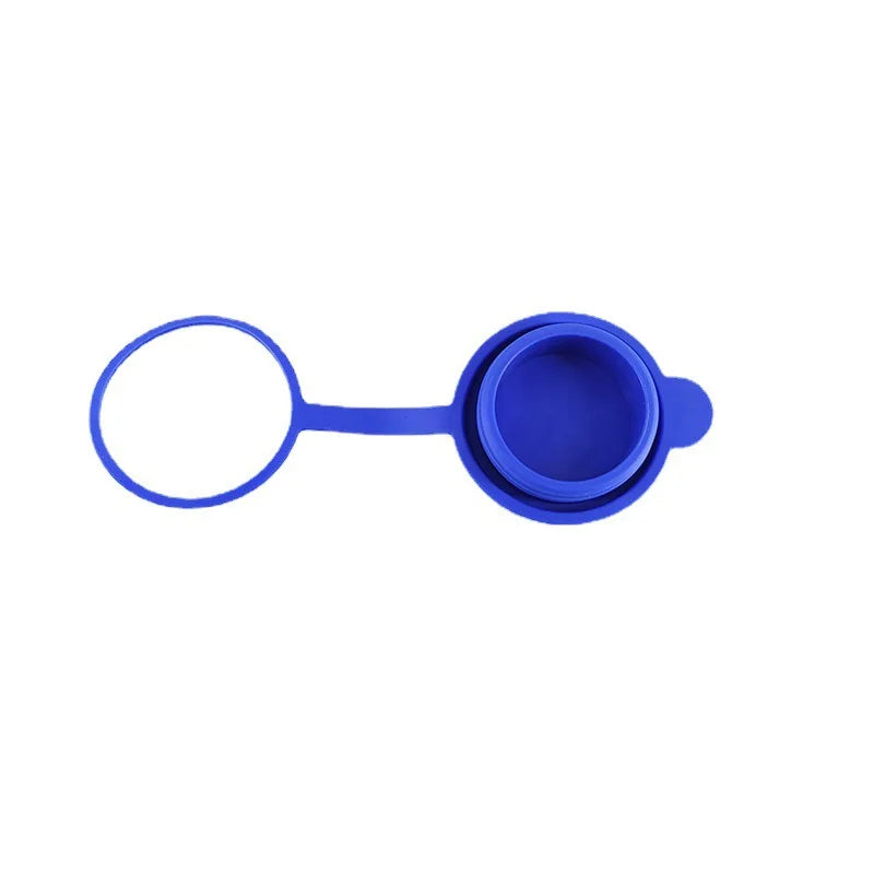 A blue reusable silicone water bottle lid with a circular opening.