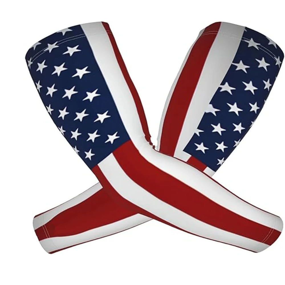 A patriotic arm sleeve featuring the American flag design in red, white, and blue stripes and stars.