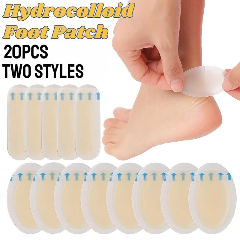A hand applies hydrocolloid foot patches, showing two styles of invisible silicone blister patches for foot protection.