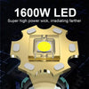 Close-up view of a 1600W LED headlamp with a gold housing and yellow light emitting from the center.