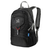 Black waterproof foldable travel backpack with gray straps and a logo.