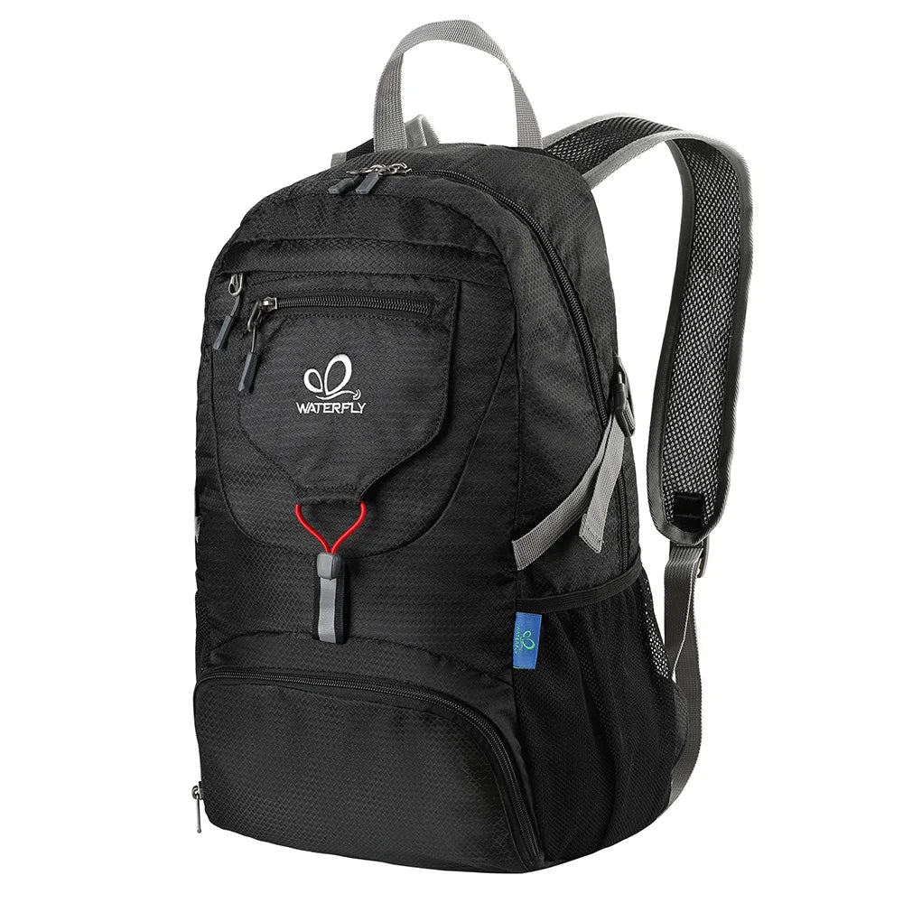 Black waterproof foldable travel backpack with gray straps and a logo.