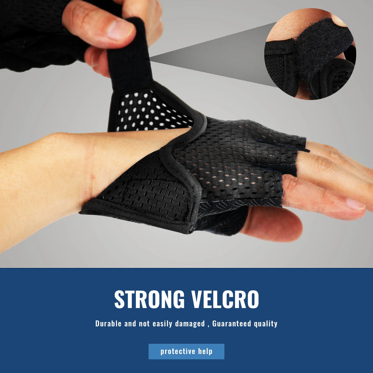 Gants en velcro noirs en gros plan, montrant la texture et la conception protectrice.