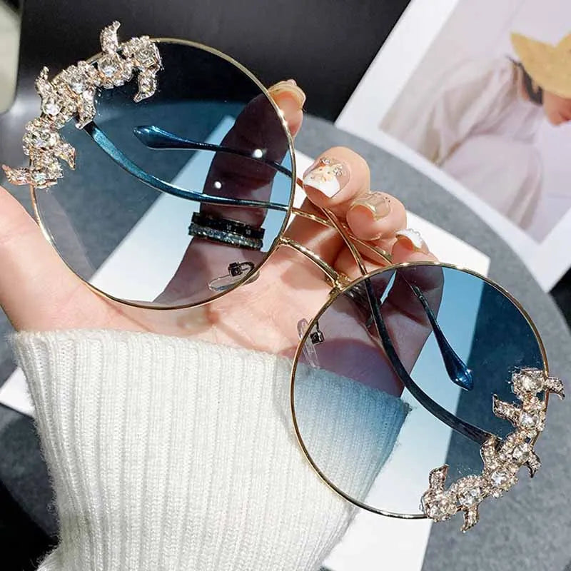 Women's Rhinestone Oversized Round Sunglasses with UV400 Protection
