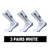 Three pairs of white anti-slip silicone grip football socks displayed diagonally.