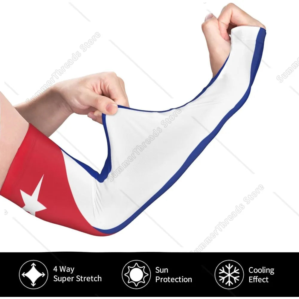 A hand is stretching a white and red UV protection arm sleeve for outdoor sports.