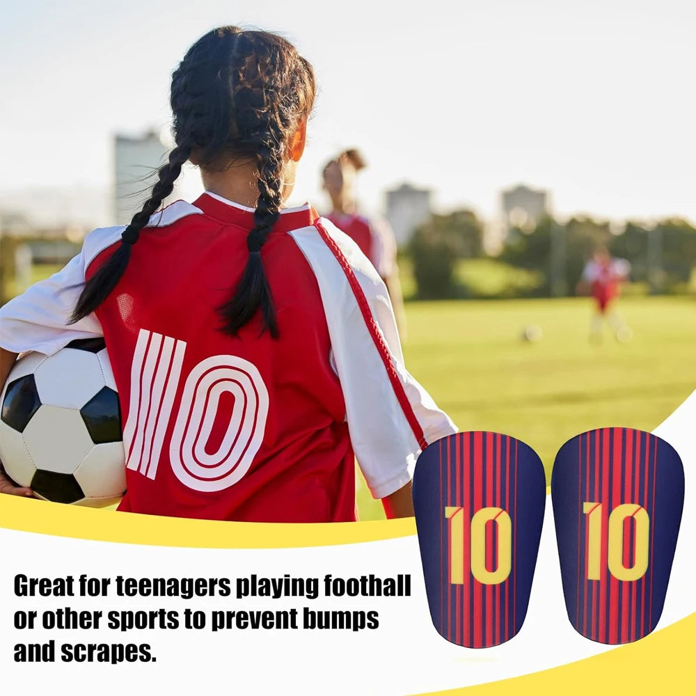 A teenager wearing red soccer gear is shown with mini shin guards for protection against bumps and scrapes.
