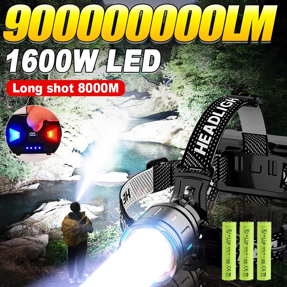 An ultra bright LED headlamp is shown illuminating a dark outdoor scene with a strong beam.