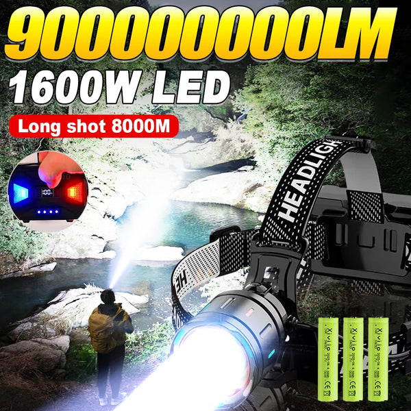 An ultra bright LED headlamp is shown illuminating a dark outdoor scene with a strong beam.