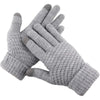 Gray knitted insulated winter gloves shown from above