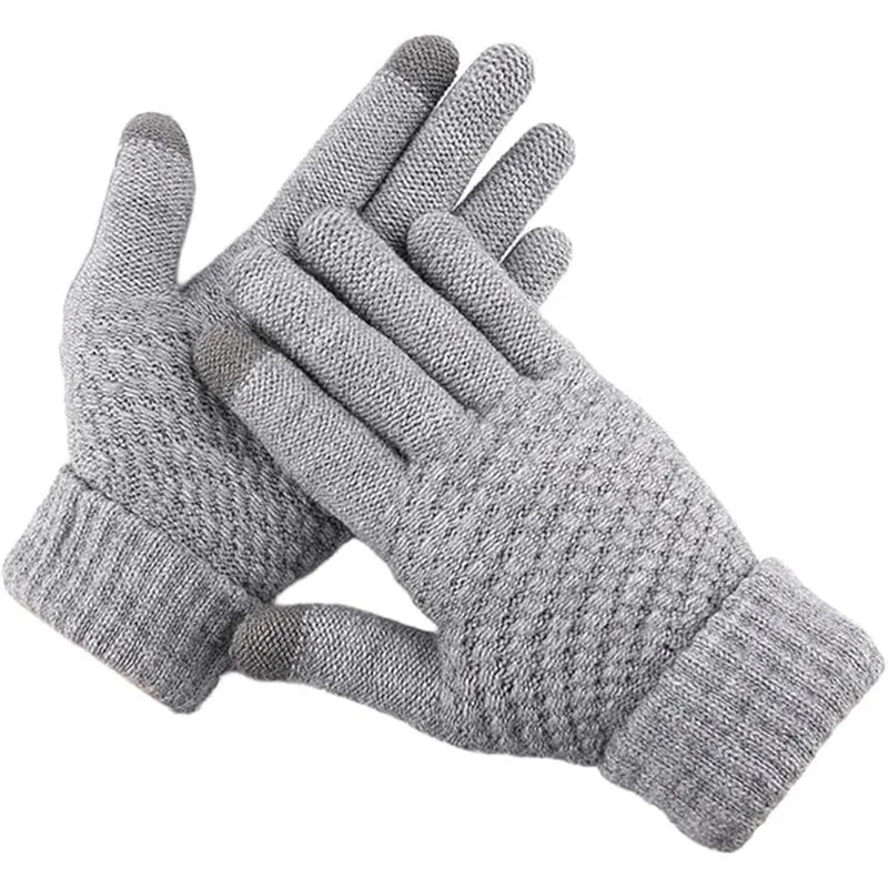 Gray knitted insulated winter gloves shown from above