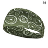 A dark olive green elastic sports headband featuring a paisley and leaf pattern.