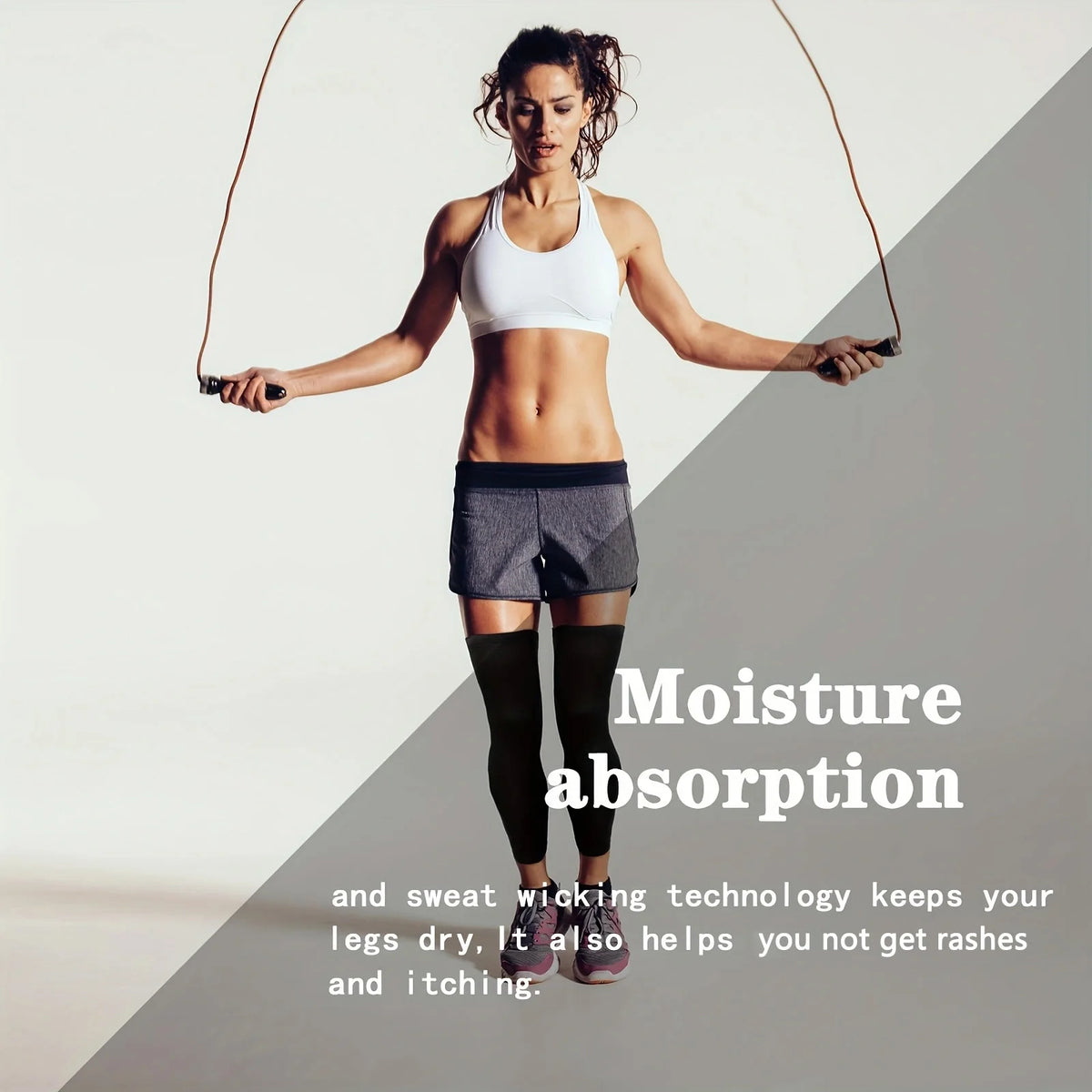 A woman demonstrates moisture absorption and sweat-wicking technology with compression leg sleeves.