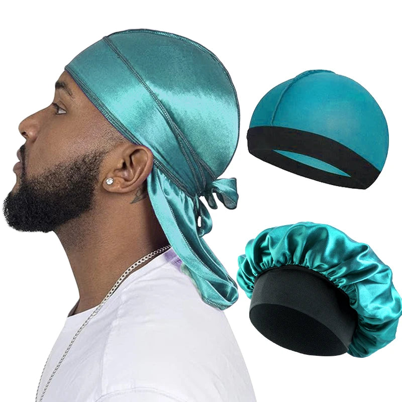 A man wearing a teal silky durag pirate headband, with separate pieces shown.