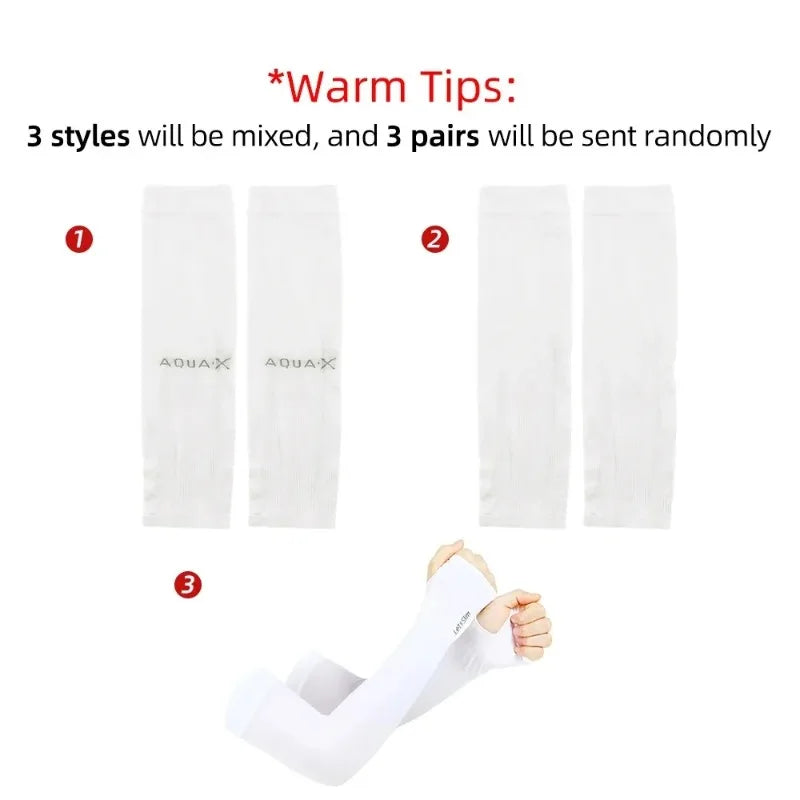 Trois styles de manches anti-UV refroidissantes sont présentés, y compris des manches individuelles et des paires.