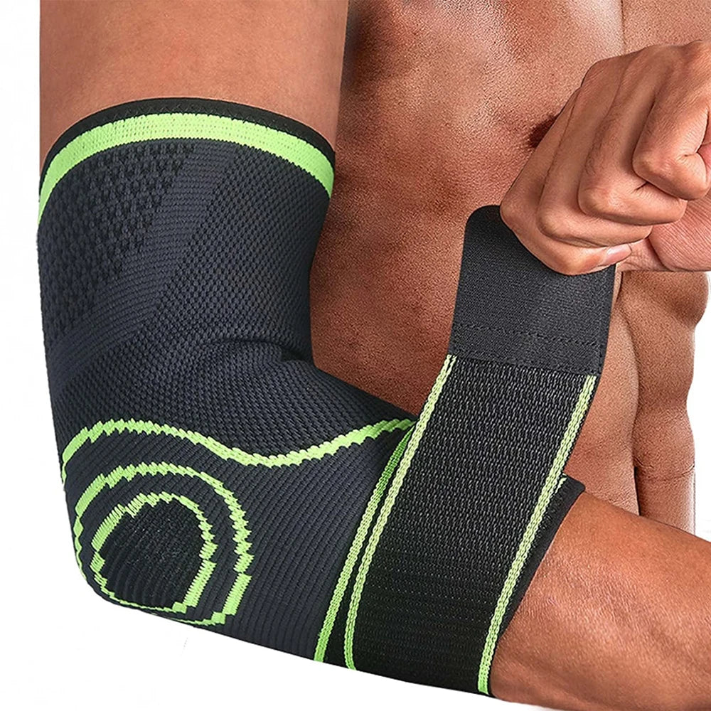 Black compression sleeve elbow support worn on a person's forearm.