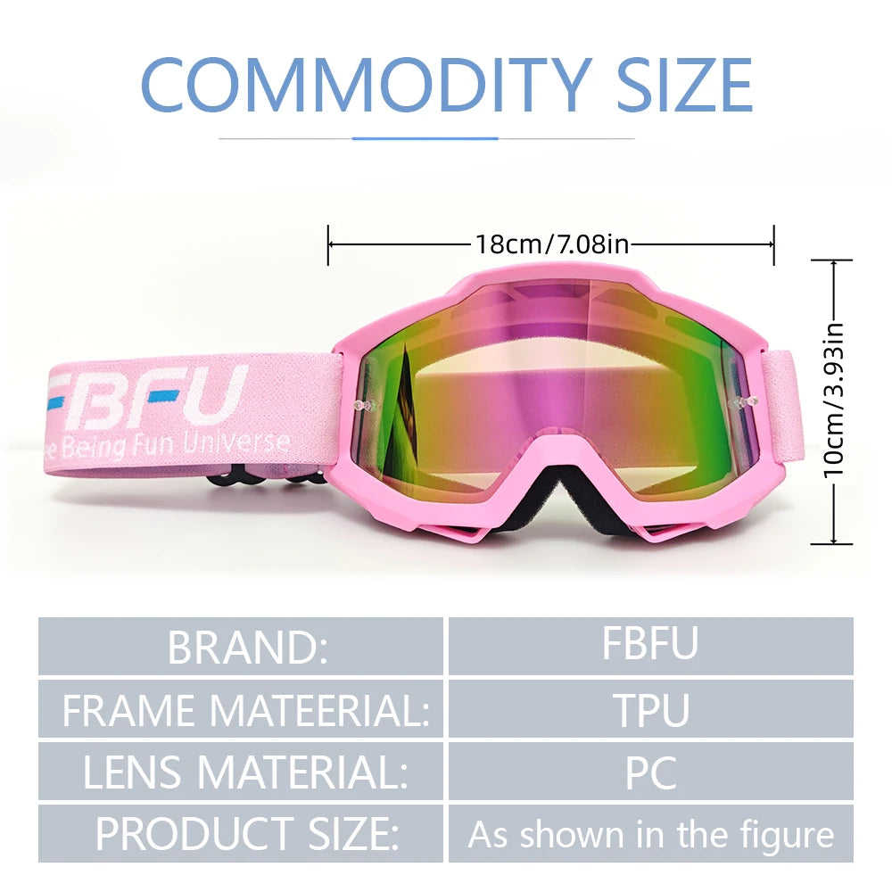 Pink FBFU sport-grade skiing goggles with purple lenses and pink frame