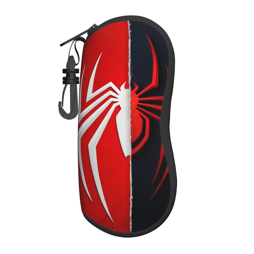 A black and red pouch featuring a white spider web design, designed for eyeglasses.