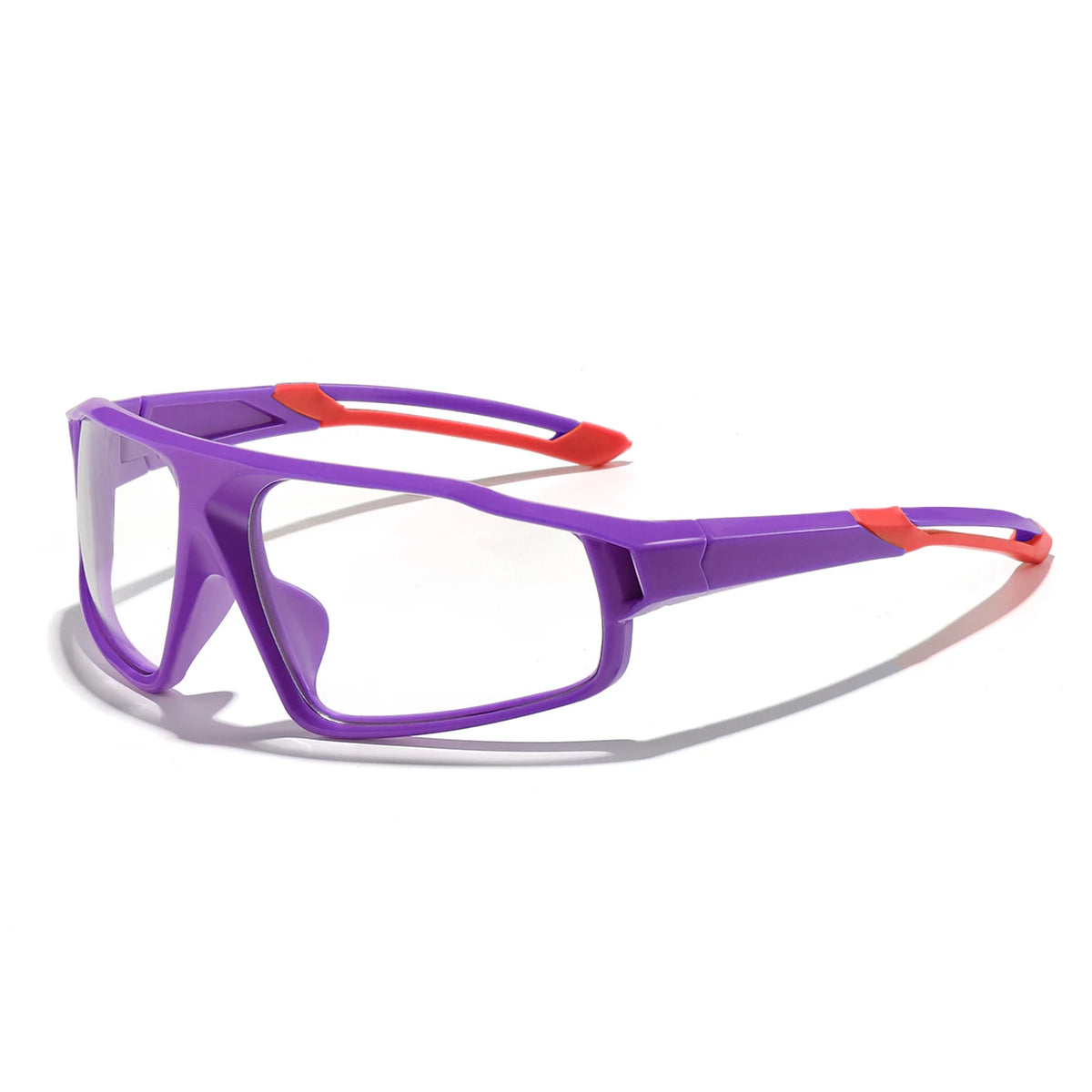 Purple photochromic sports sunglasses with orange accents shown against a white background.