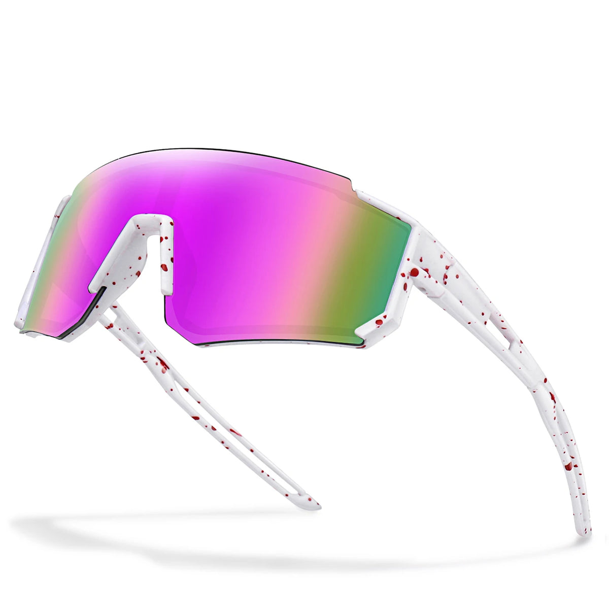 Ein Paar weiße Sport-Sonnenbrille mit leuchtend violetten und grünen spiegelnden Linsen vor weißem Hintergrund.