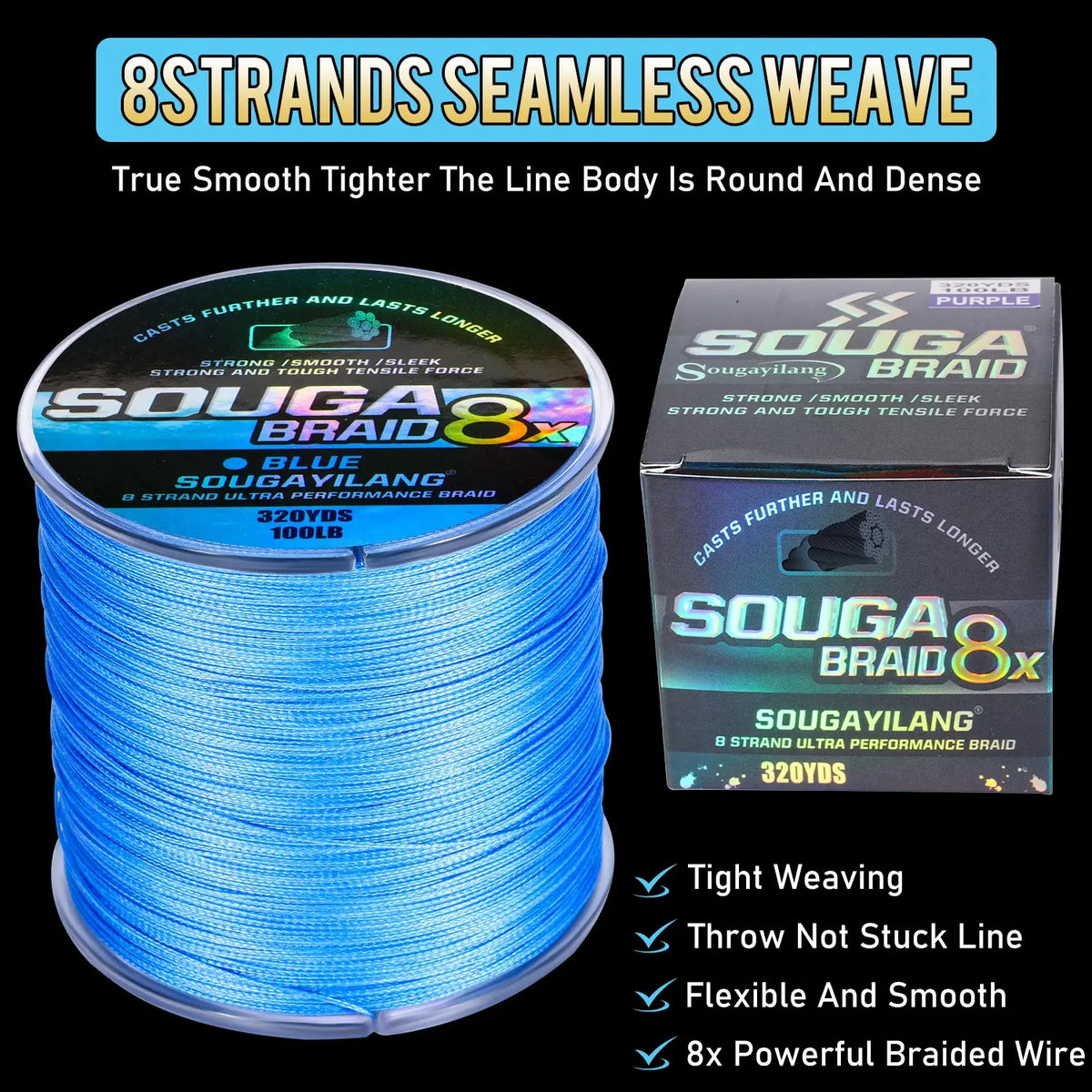 Spool of blue SOUGAIILANG 8 strand seamless weave braided fishing line for strong and tough tensile force