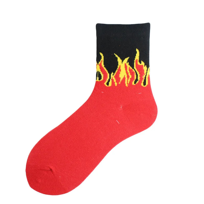 A black sock with a red body and yellow flame pattern on the top edge.
