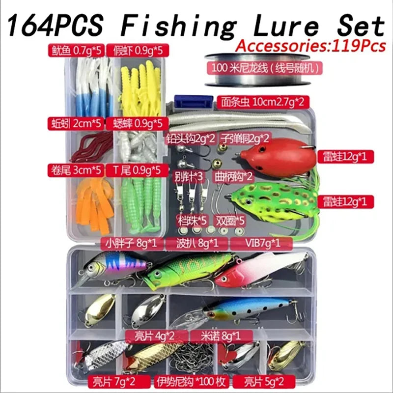 A collection of 164 pieces of fishing lures and accessories including various colors and types of fishing equipment.