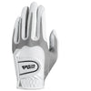 A close-up view of a white and gray men's golf glove with black trim.