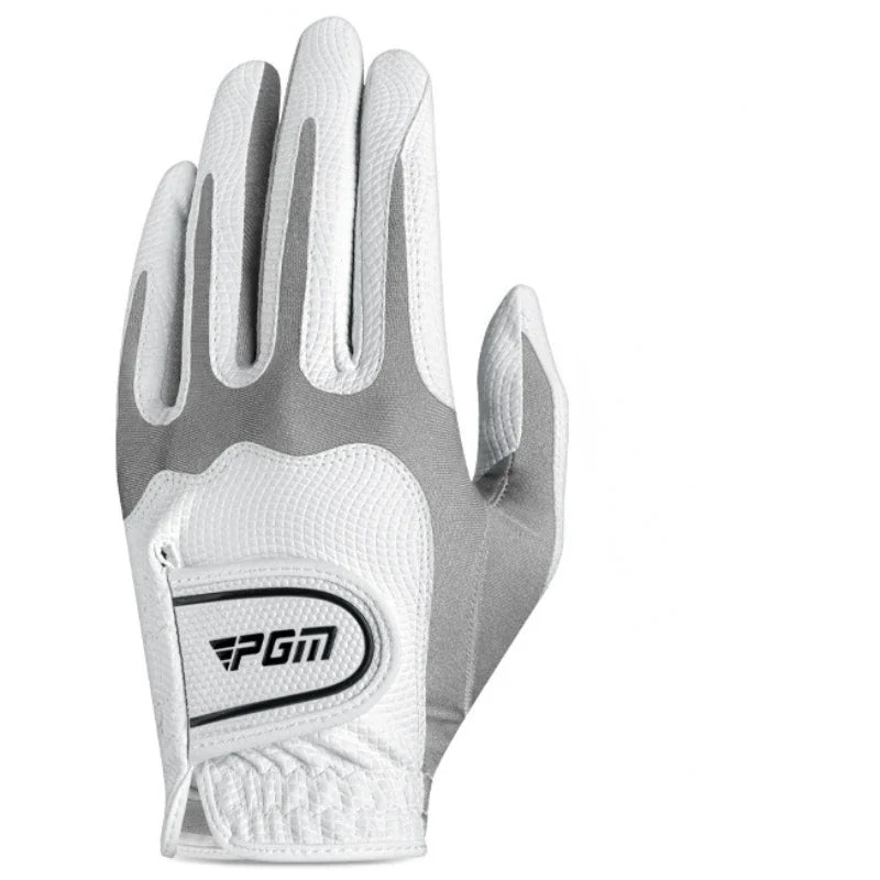 A close-up view of a white and gray men's golf glove with black trim.