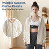 A woman wearing a beige hooded jacket over a white top, demonstrating invisible support for posture.