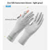 Light gray silk sunscreen gloves shown on a hand, measuring 28.0cm/11.0inch.