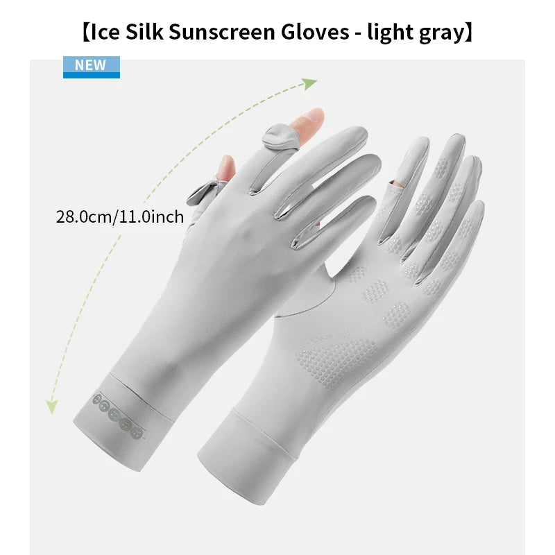 Light gray silk sunscreen gloves shown on a hand, measuring 28.0cm/11.0inch.