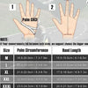 Diagram showing hand measurements for sizing motorcycle riding gloves, including palm circumference and hand length.