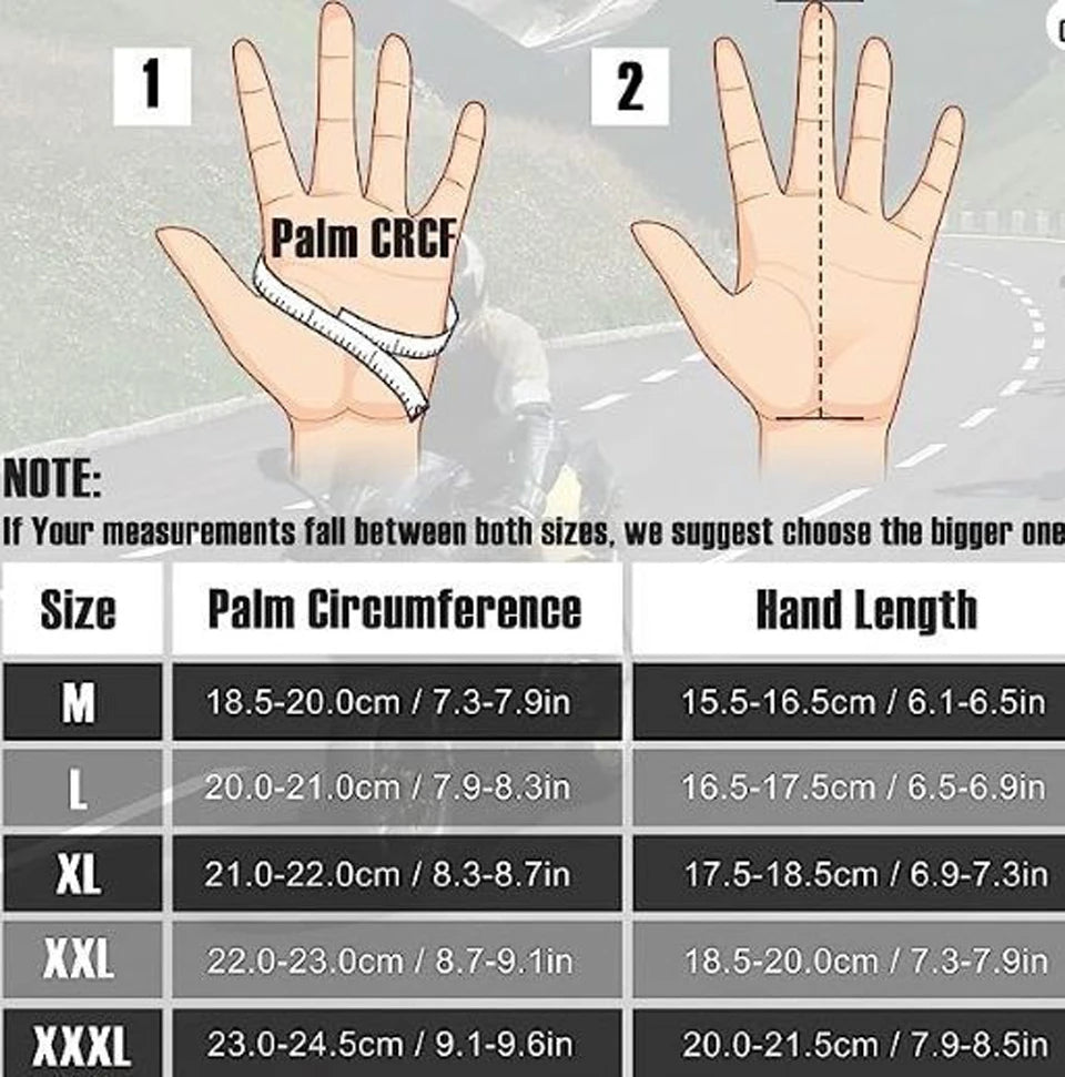 Diagram showing hand measurements for sizing motorcycle riding gloves, including palm circumference and hand length.