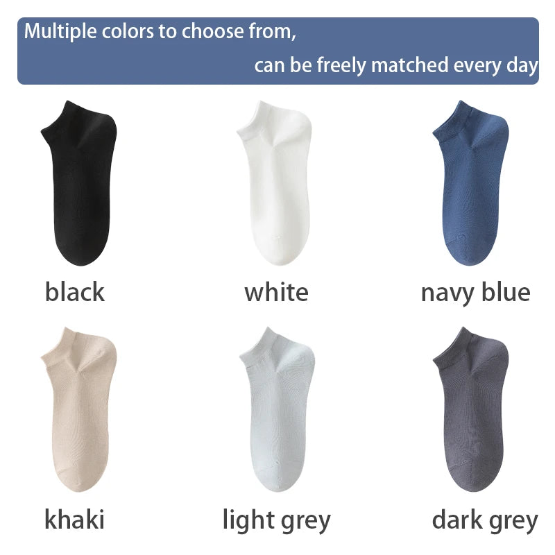 A selection of men's combed cotton socks in black, white, navy blue, khaki, light grey, and dark grey.