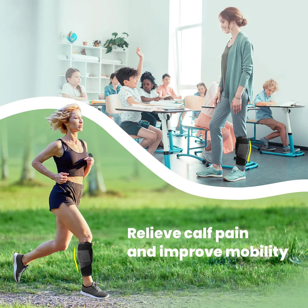 A woman is exercising outdoors while wearing an adjustable calf compression brace for pain relief and improved mobility.
