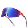 A pair of red, white, and blue striped cycling sunglasses with blue lenses.