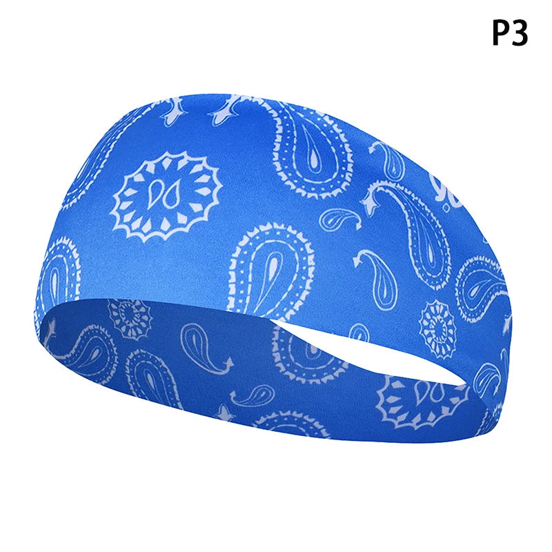 Blue patterned elastic sports headband shown from the side.