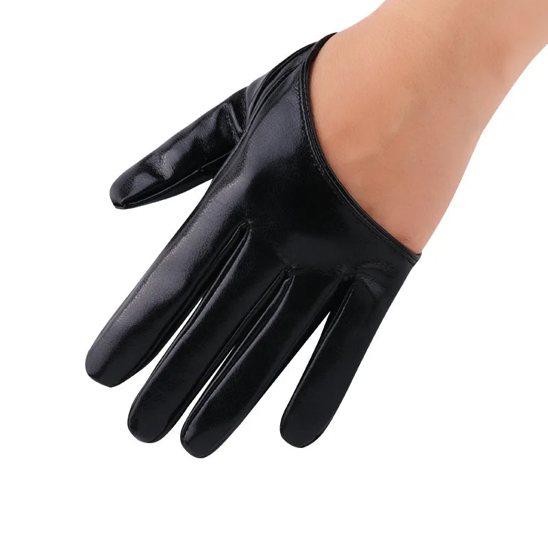 Black PU leather finger gloves worn on a hand.
