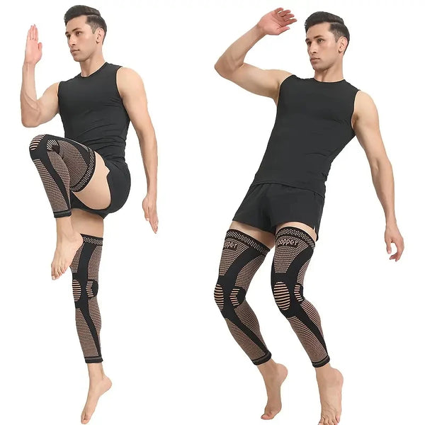 A male model demonstrates the Copper Compression Knee Sleeves for full leg support on his legs.