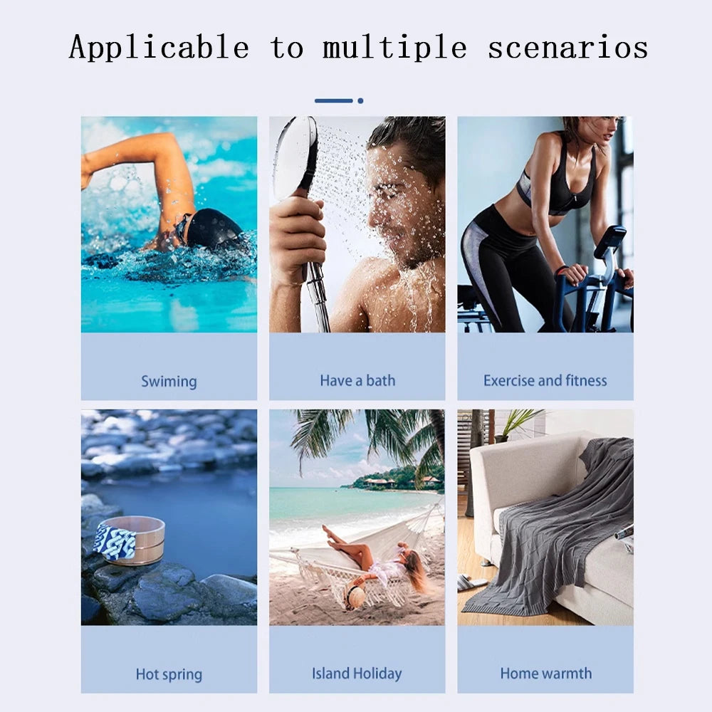 A collage showing various scenarios where the product is applicable: swimming, having a bath, exercise and fitness, hot sprin