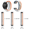 A set of adjustable nylon straps for a sports watch, shown in black and orange colors with various sizes.