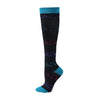 Black compression socks with colorful heart line patterns on the calf