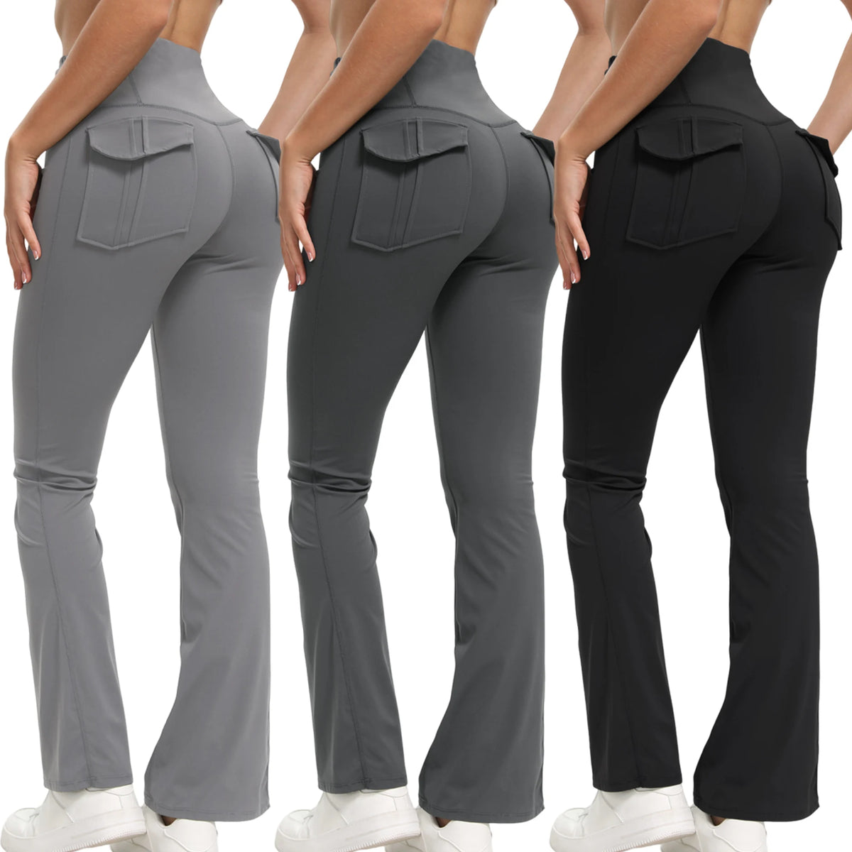 Three models wearing high-waisted flared yoga leggings in gray and black.